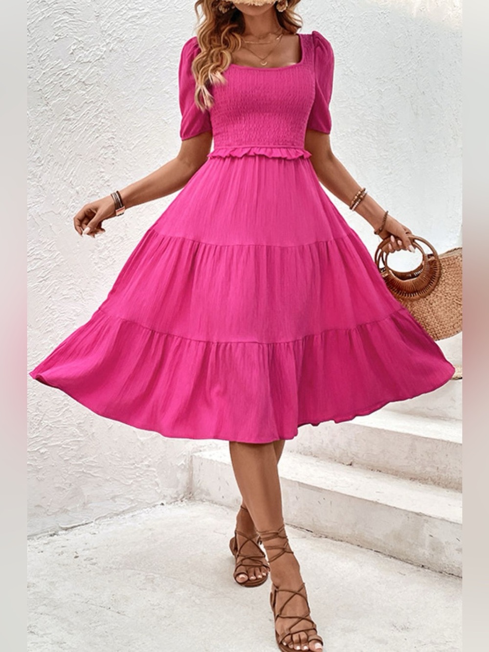 Perfee Square Neck Puff Sleeve Cutout Dress